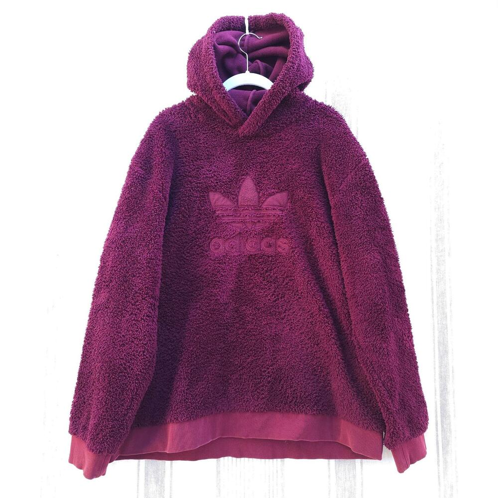 Adidas Winterized Hoodie Mens XL Burgundy Trefoil Logo Heavyweight Fleece Sherpa